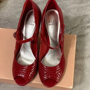 Alex Marie Red Patent Mary Jane Peep-Toe Heels with Ankle Strap